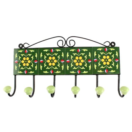 Forest Green Ceramic Floral Tile Hook